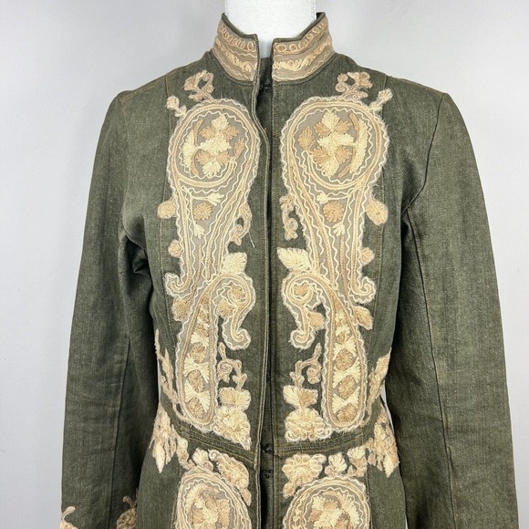 Plenty Tracy Reese Anthropologie Olive Green Embroidered Long Denim Nehru Jacket - Picture 3 of 16